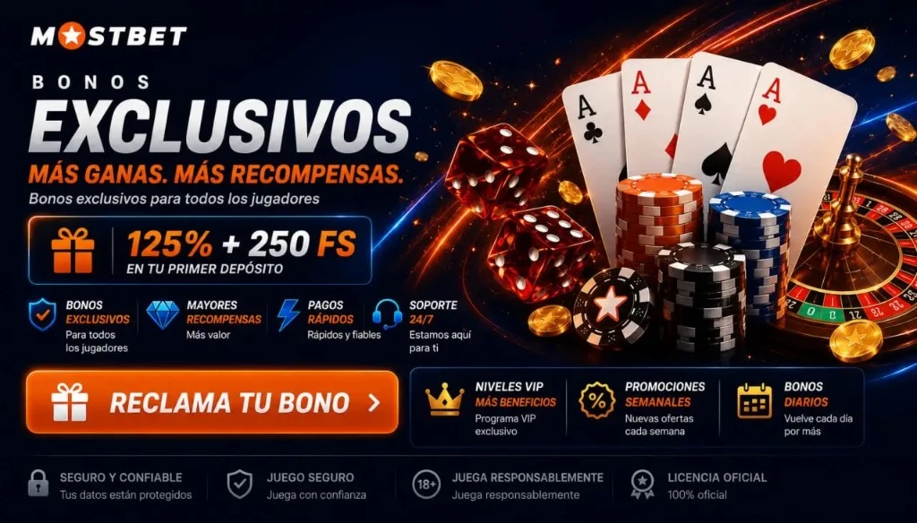 Mostbet Colombia: bonos exclusivos 125% + 250 giros en el primer depósito; más recompensas y pagos rápidos.